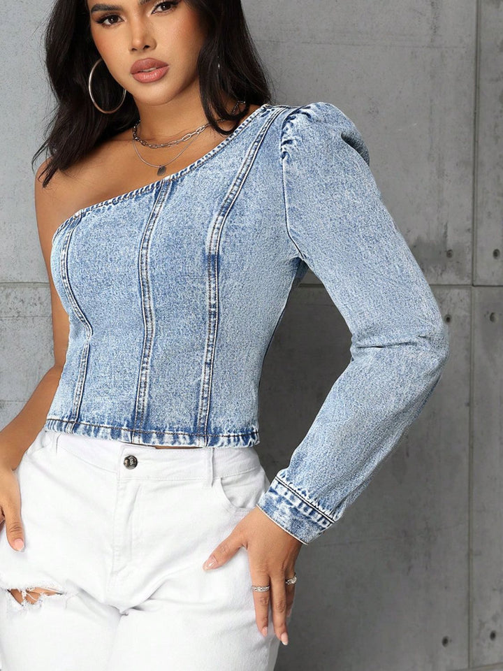 One Shoulder Denim Top - Han2sure-men's fashion clothing, women's accessories, designer jewelry, stylish outfits for men, trendy women's fashion, luxury fashion brand