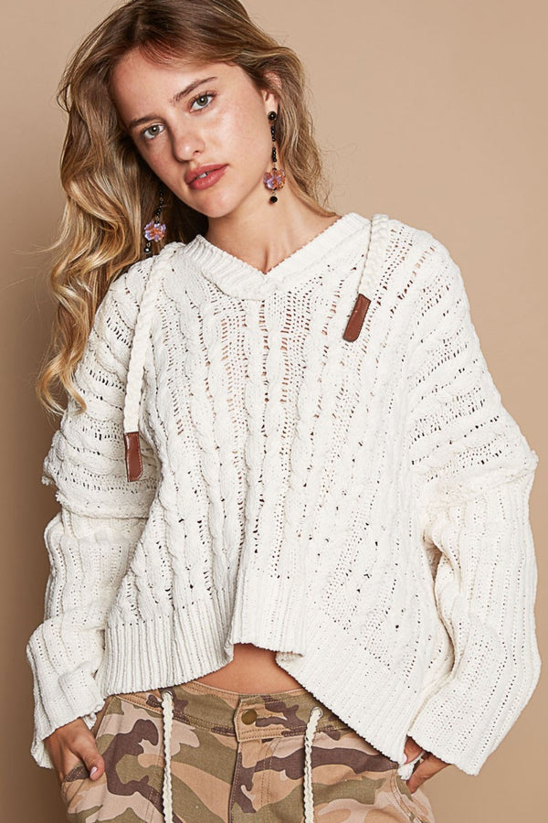 POL Rib Weave Sleeves Hooded Sweater