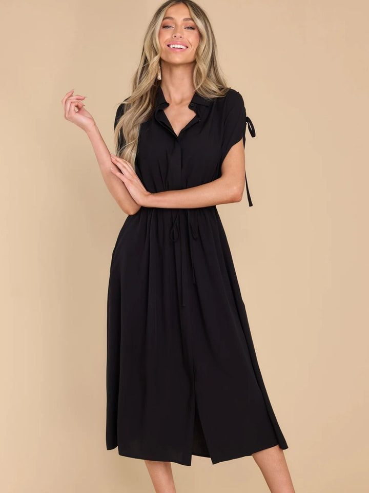 Drawstring Collared Neck Midi Dress - Han2sure-men's fashion clothing, women's accessories, designer jewelry, stylish outfits for men, trendy women's fashion, luxury fashion brand