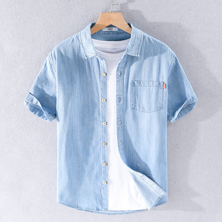 Summer Cotton Short Sleeve Denim Shirt For Men - Han2sure-men's fashion clothing, women's accessories, designer jewelry, stylish outfits for men, trendy women's fashion, luxury fashion brand