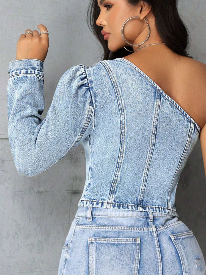 One Shoulder Denim Top - Han2sure-men's fashion clothing, women's accessories, designer jewelry, stylish outfits for men, trendy women's fashion, luxury fashion brand