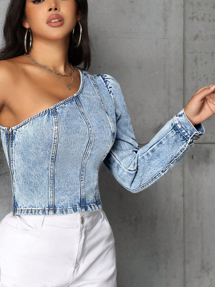 One Shoulder Denim Top - Han2sure-men's fashion clothing, women's accessories, designer jewelry, stylish outfits for men, trendy women's fashion, luxury fashion brand